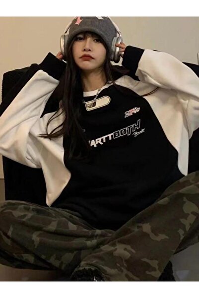 DEEFWEAR Y2K Streetwear Smarttooth Baskılı Siyah Bisiklet Yaka Sweatshirt