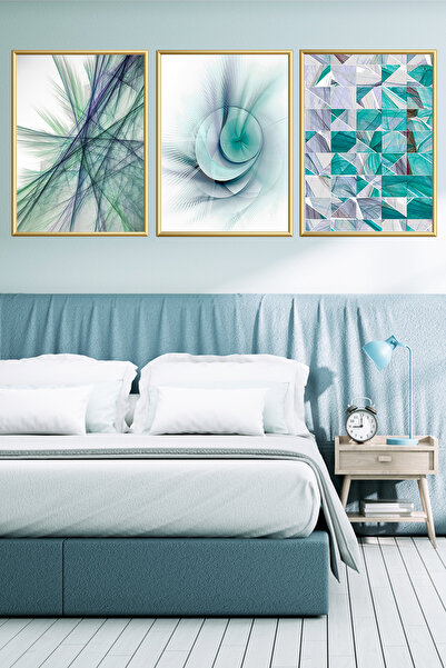 Linacci Set of 3 Metal Glass Painting Blue Abstract Decorative Framed