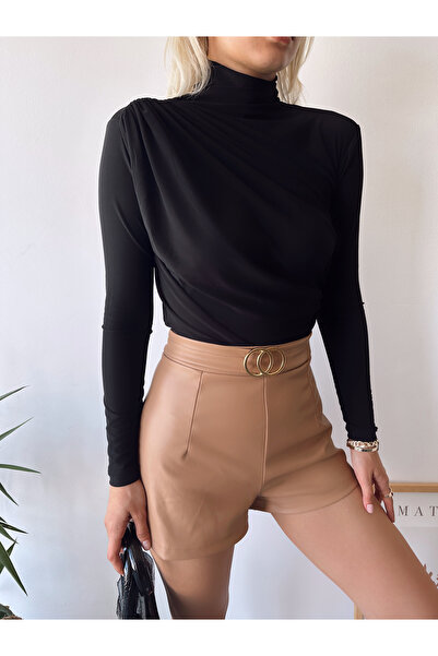 schlank Bluză de damă neagră cu guler înalt din țesătură nisipoasă cu detalii