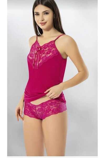 KOTA طقم قميص نوم نسائي من القطن الممشط ومزين بالدانتيل باللون العنابي - 6367