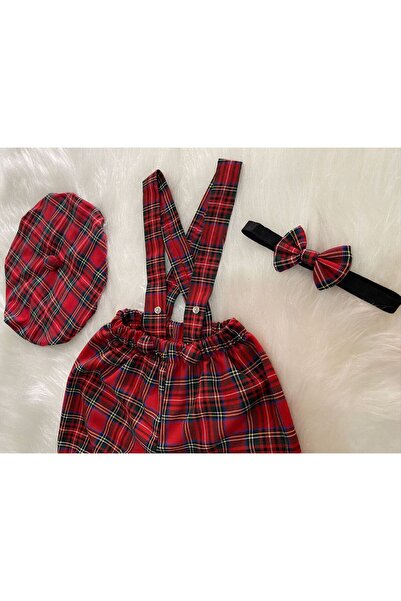 Eylülce Butik RED PLAIDED CHILDREN'S STRAP SHORTS SALOPET & RESSAM HAT & BOW TIE SET-