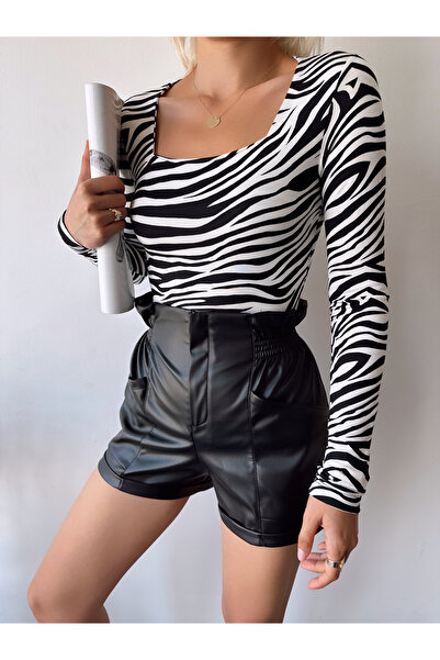 schlank Γυναικεία μπλούζα βισκόζης με μοτίβο εκρού ζέβρας με τετράγωνο γιακά μακρυμάνικο