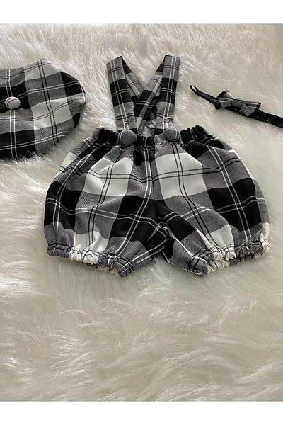 Eylülce Butik BLACK PLAIDED CHILDREN'S STRAP SHORTS SALOPET & RESSAM HAT & BOW TIE SET - CAKE BUMPER- BIRTHDAY