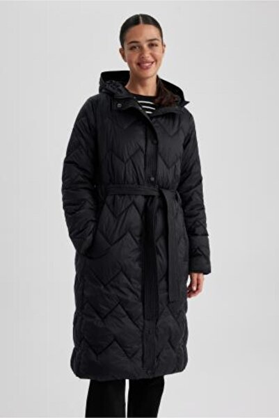 DeFacto Vodotěsná prošívaná dlouhá tenká parka s kapucí Relax Fit