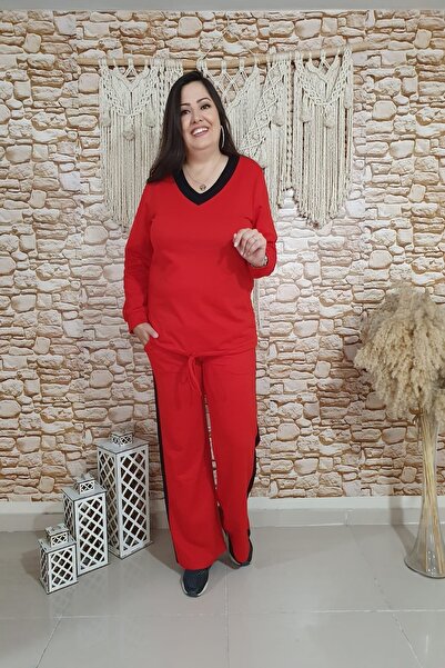 xlargebutik Plus Size Clothing Red Black Two Thread Stretchy Fabric Suit
