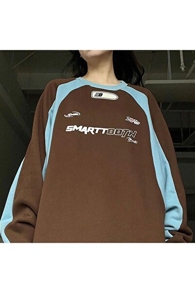 Touz Y2K Streetwear Smarttooth Printed Brown Unisex Oversize Crew Neck Sweats...