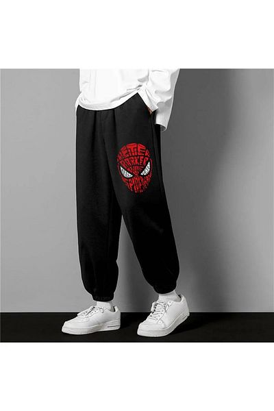 Gofeel Harajuku Spider-Man Head Printed Oversize Unisex Black Sweatpants Tech Street