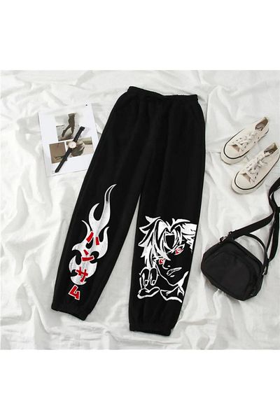 Gofeel Harajuku Anime Oversize Printed Oversize Unisex Black Sweatpants Tech Street