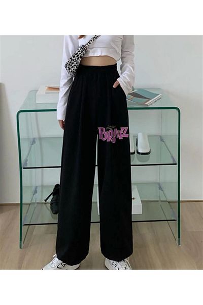 Gofeel Unisex Black Oversize Sweatpants - Harajuku Y2K Bratz Printed, Tech Street Design