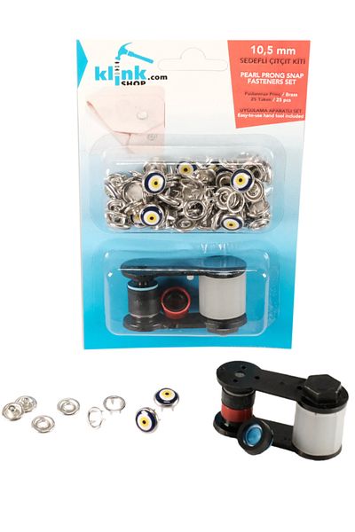 Klinkshop Blue Evil Eye Beaded Pearlescent 10.5 Mm Snap Kit - With Hammer Application Apparatus - 25 Pieces Stainless Brass
