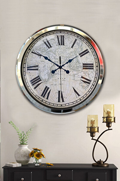 Platin Saat 52 Cm Krom Metal Duvar Saati