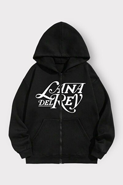 EFBUTİK Black Lana Del Rey Written Unisex Hooded Zipper Cardigan