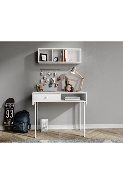 MERLİN MOBİLYA Major Beyaz Duvara Monte Çalışma Masası Ve Üst Modül