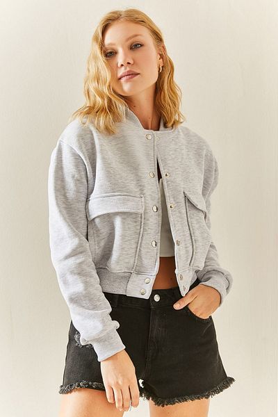 XHAN Graue kurze Bomberjacke mit Druckknöpfen 3YXK4-47551-03