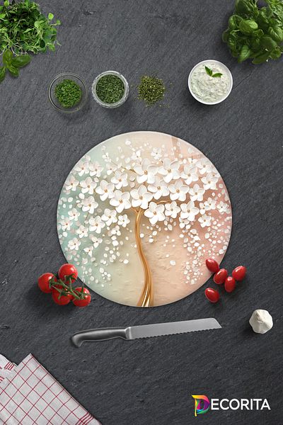 Decorita Glass Cutting Board - Glass Cutting Board |   White Flower - Colorful |   Diameter32Cm