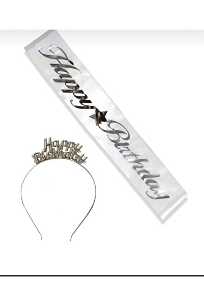 Parti Furyası طقم تاج وحزام عيد ميلاد سعيد، تاج رمادي من القماش الأبيض