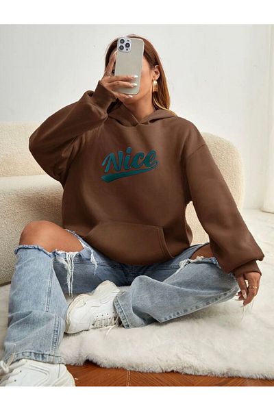 BENROMA Unisex Nice printed καφέ φούτερ με κουκούλα
