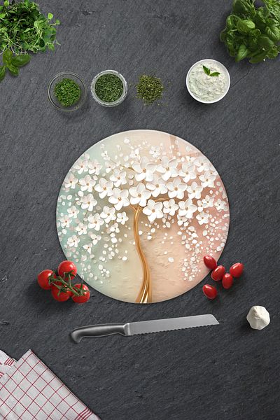 Decorita Glass Cutting Board - Glass Cutting Board |   White Flower - Colorful |   Diameter32Cm