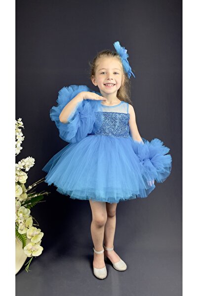 Delfini kids Şifon Robalı Ponpon Kol Pul Payetli Kız Çocuk Kabarık Etek Tütülü Abiye