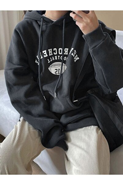 Benisengiydir Women's Black Rochelle Text Printed Oversize Hooded Sweatshirt