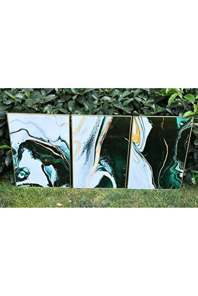 Linacci Üçlü Gold Çerçeve Alüminyum Metal Yeşil Mermer Desen Camlı Tablo Seti