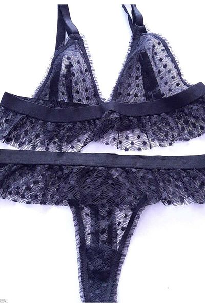 ÇEÇEN HOME Πουά Δαντέλα χωρίς μαξιλαράκι Bralet Σετ Μαύρο