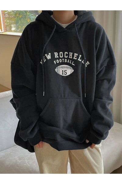 Benisengiydir Women's Black Rochelle Text Printed Oversize Hooded Sweatshirt