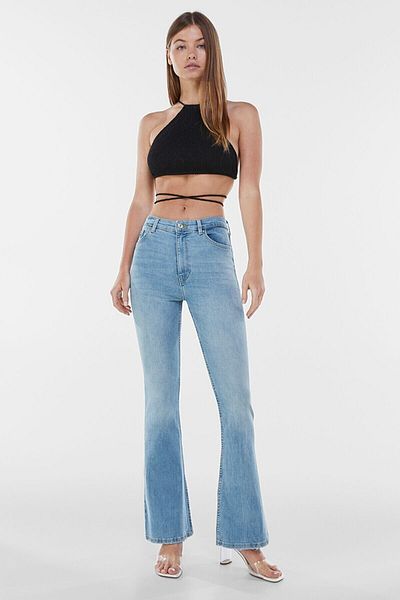 BROSERER Modo Ice Snow Blugi spanioli albastri cu talie înaltă Blugi evazați cu spălare a zăpezii Pantaloni denim