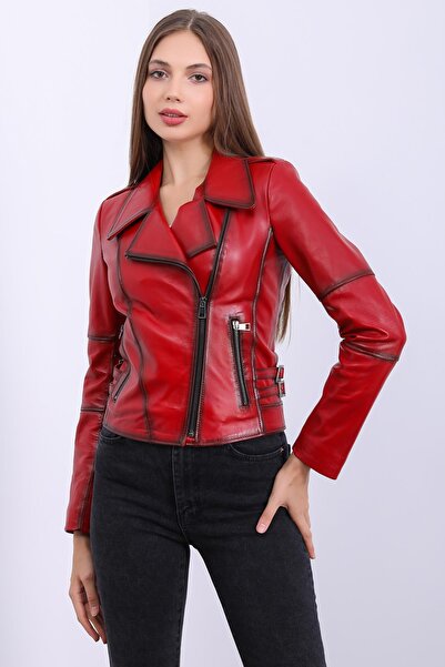 Deri Effect Kadın Kırmızı Hakiki Deri Biker Vintage Mont
