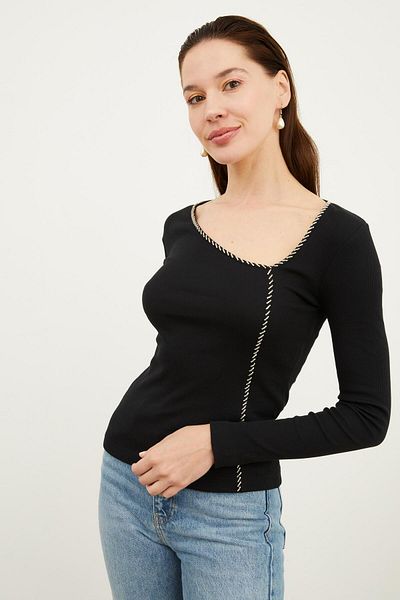 Hanna's by Hanna Darsa بلوزة نسائية محبوكة بأكمام طويلة ورقبة على شكل حرف V
