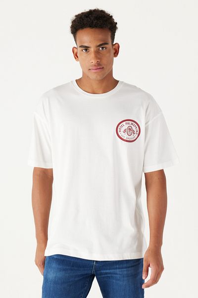 AC&Co / Altınyıldız Classics Weißes, übergroßes, locker geschnittenes, bedrucktes T-Shirt aus 100 % Baumwolle mit Rundhalsausschnitt für Herren