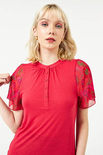 Hanna's by Hanna Darsa Kadın Önden Patlı, Düğmeli Emprime Kol Bluz