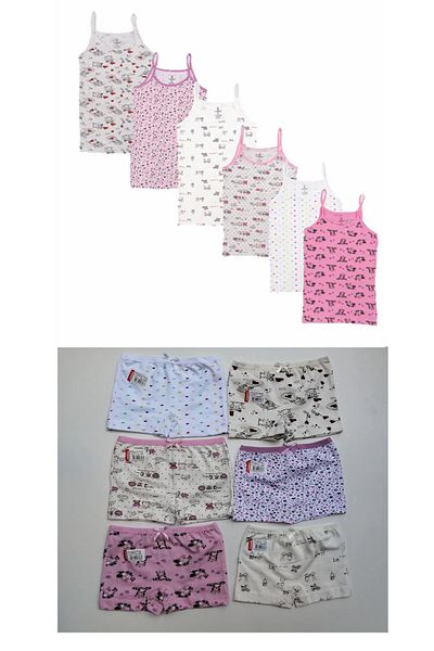 Ceylanoğlu 6-Piece Ceylanoğlu Patterned Girl's Rope Strap Undershirt - 6-Piece Patterned Girl's Boxer Suit Set Cotton