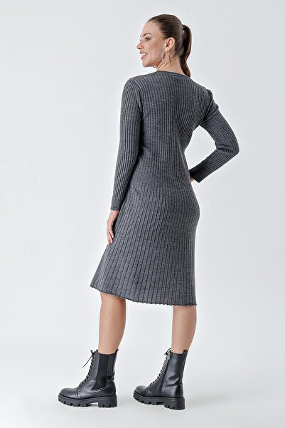 CHUBA Women's Crew Neck Ribbed Knee Length Knitwear Dress Anthracite 24W119