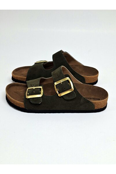 Bequemere Yellow Buckle Double Banded Genuine Suede Leather Daily Use Orthopedic Unisex Slippers