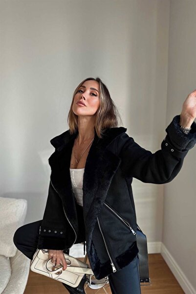 Laluvia Černý pásek s kožešinovým semišovým kabátem