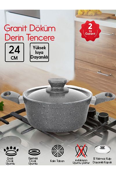 FİTHOME Cast Iron Granite Fireproof Non-Stick Deep Food Pot 20-24-26-30 CM