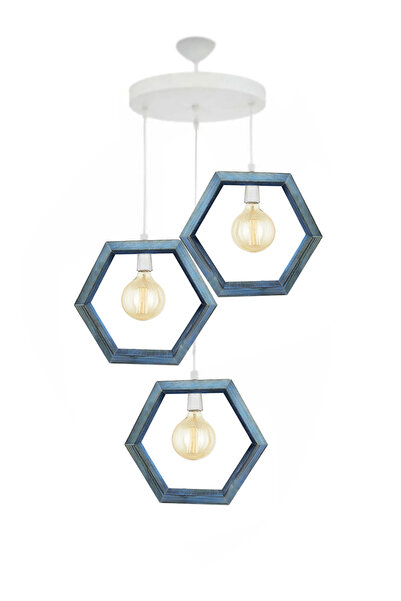 Evimdesign Country Mavi Boyalı Ahşap 3 lü Sedef Avize Beyaz