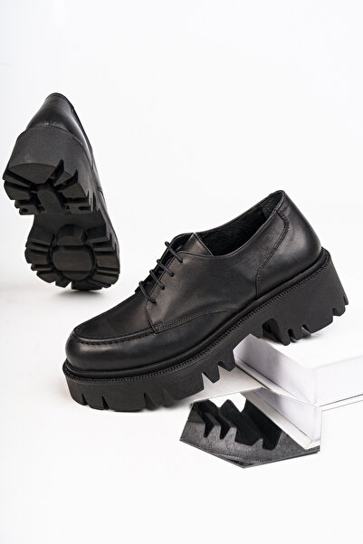 Deripabuc Pantofi de damă din piele naturală, negri, cu platformă zimțată, cu talpă, TRC-4003