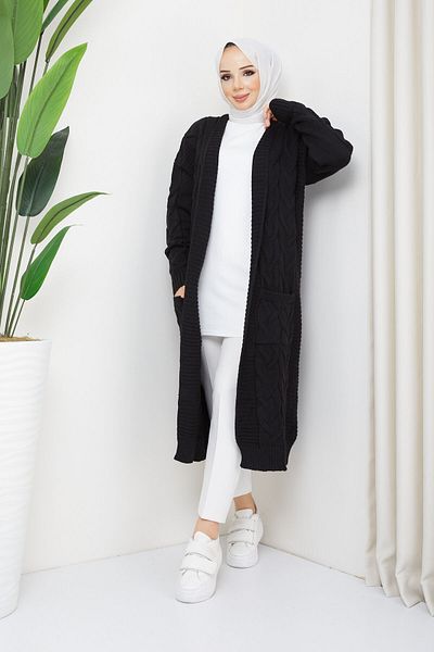 Pamuk Butik Γυναικεία Πλεκτά Πλεκτά Ζακέτα Μαύρη με τσέπες
