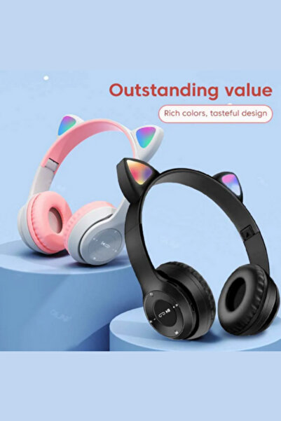 OWWOTECH P47m Işıklı Bluetooth Kulaklık 5.0 Kablosuz Katlanabilir Kedili Kulaklık Parti Işıklı Kulaklık-siyah