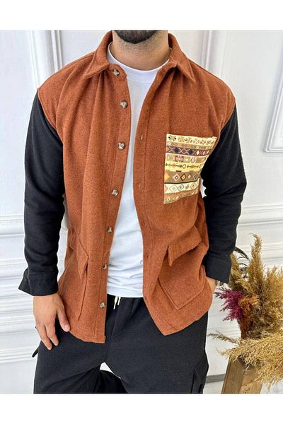 elkumoda Кашмирена риза с голям джоб, етнически джоб, детайлна ежедневна кашмирена дебела риза с яке