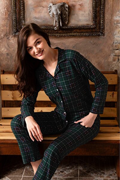 wear treasure Women's Winter Green Plaid Buttoned Long Sleeve Suede Pajama Set