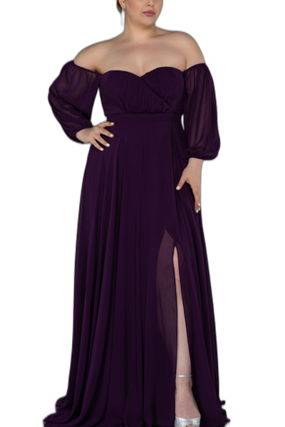 Arden Büyük Beden Genç Abiye, Şifon Madonna Yaka Siyah, Mor, Kırmızı, Laciver...