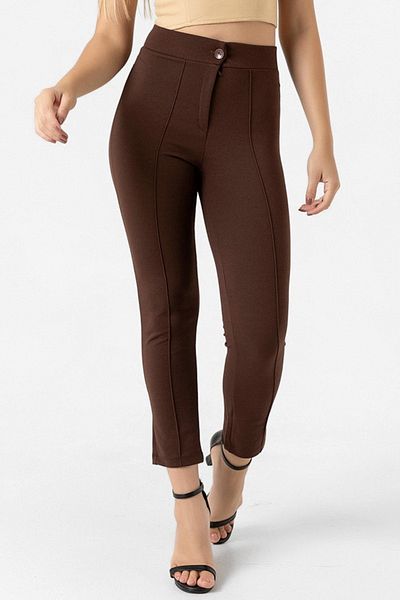 bb butik basic Women's Brown High Waist Slim Full Lycra Slim Leg Ankle Length Loose Trousers