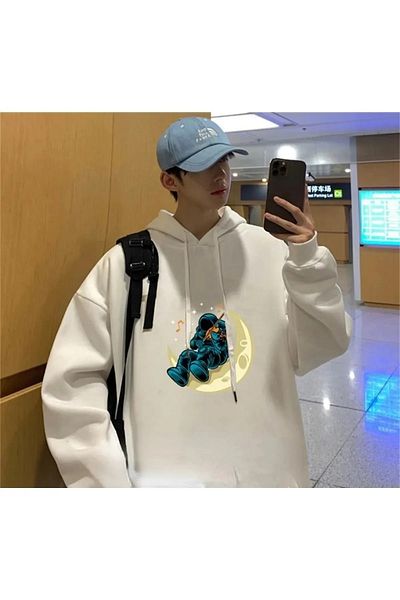 Gofeel Unisex Astronaut Guitarist White Oversize Hooded Sweatshirt Eza