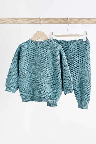 Next Baby 100% Cotton Blue Knitwear Waffle Bottom and Top Set