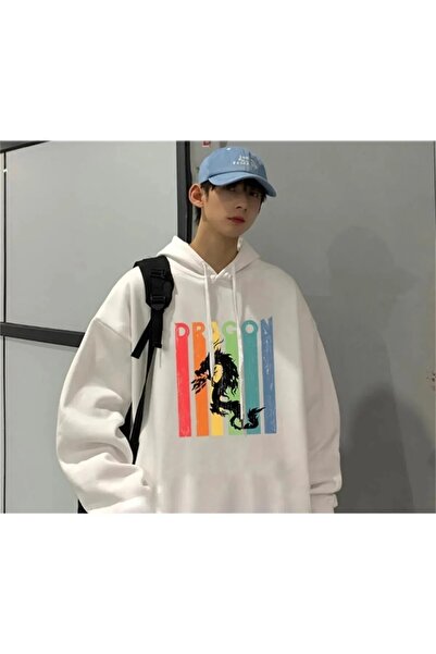 Gofeel Dragon Unisex White Color Hooded Oversize Printed Sweatshirt Eza