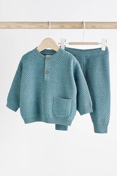 Next Baby 100% Cotton Blue Knitwear Waffle Bottom and Top Set
