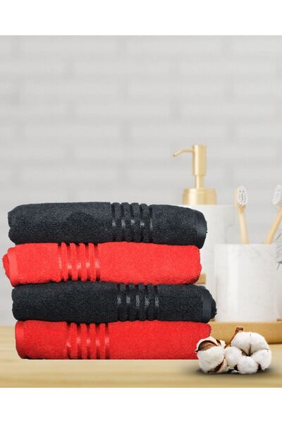 Özdilek (4 Pieces) 50x90 cm Hand and Face Towel 100% Cotton Soft Towel Red - Black